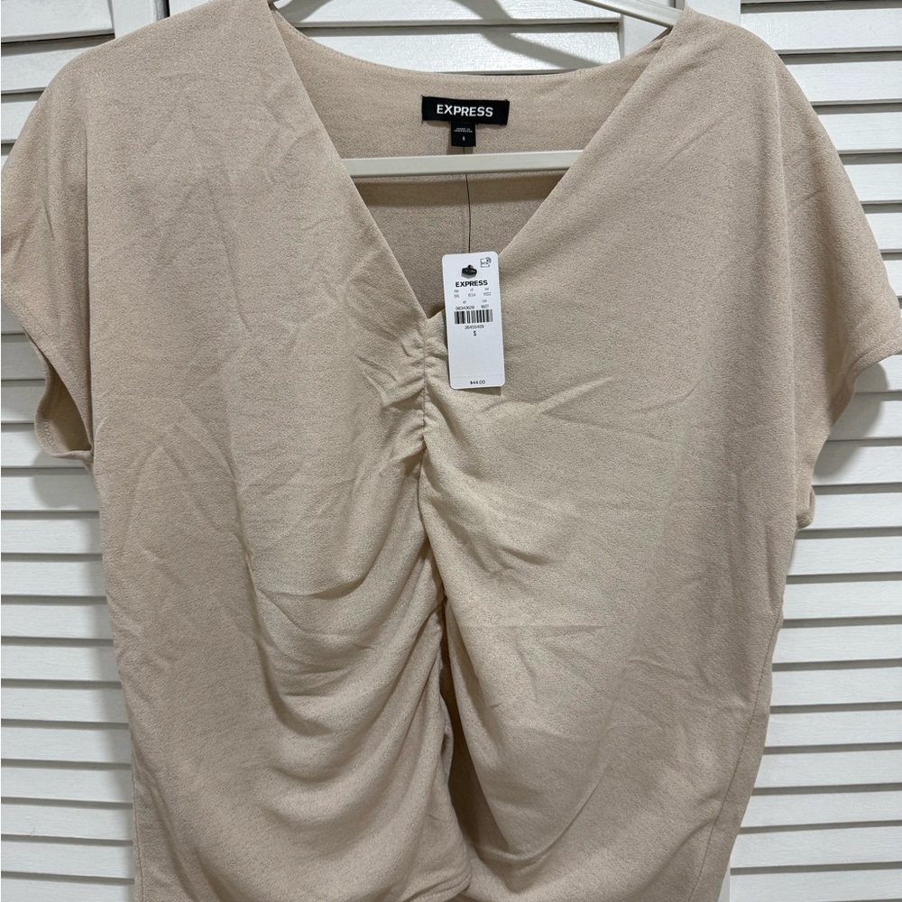 Express Tan Ruched Blouse with Short Sleeves